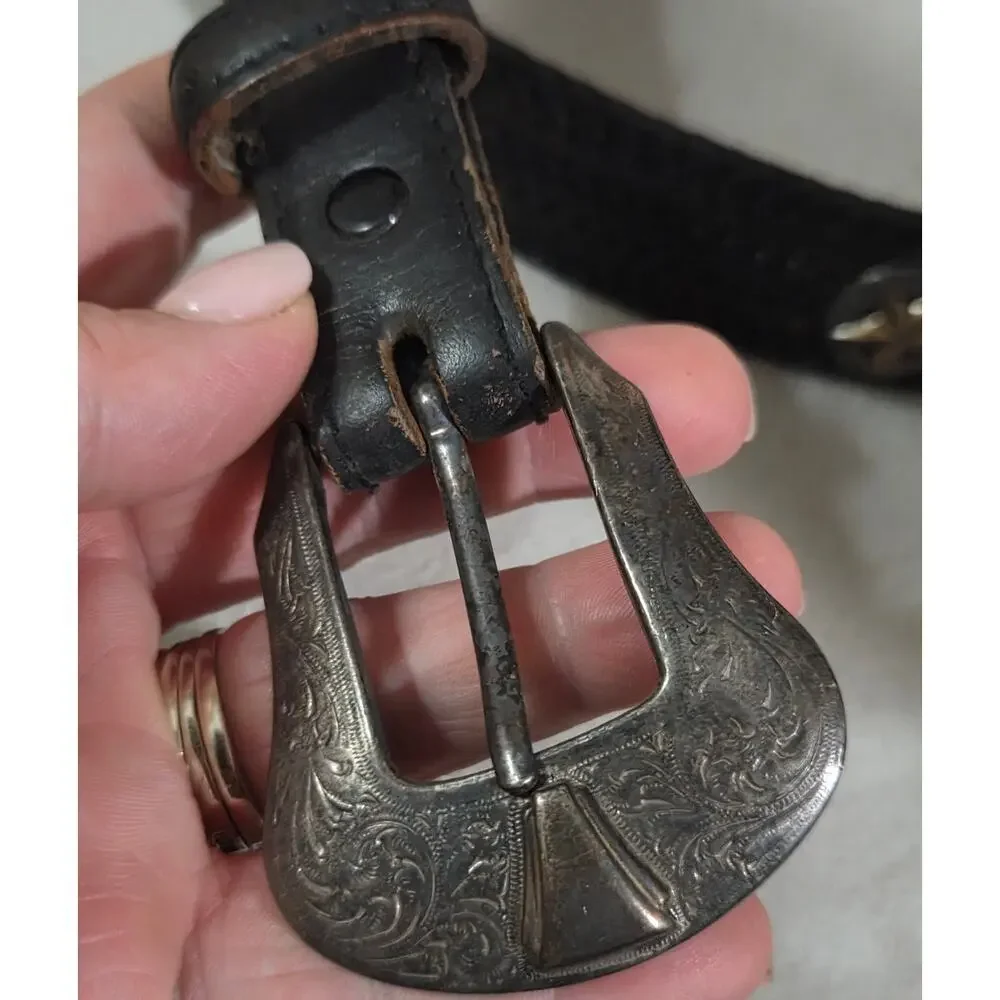 Vtg Braided Leather Western Star Concho BELT 40 Brown Silver Buckle Rodeo